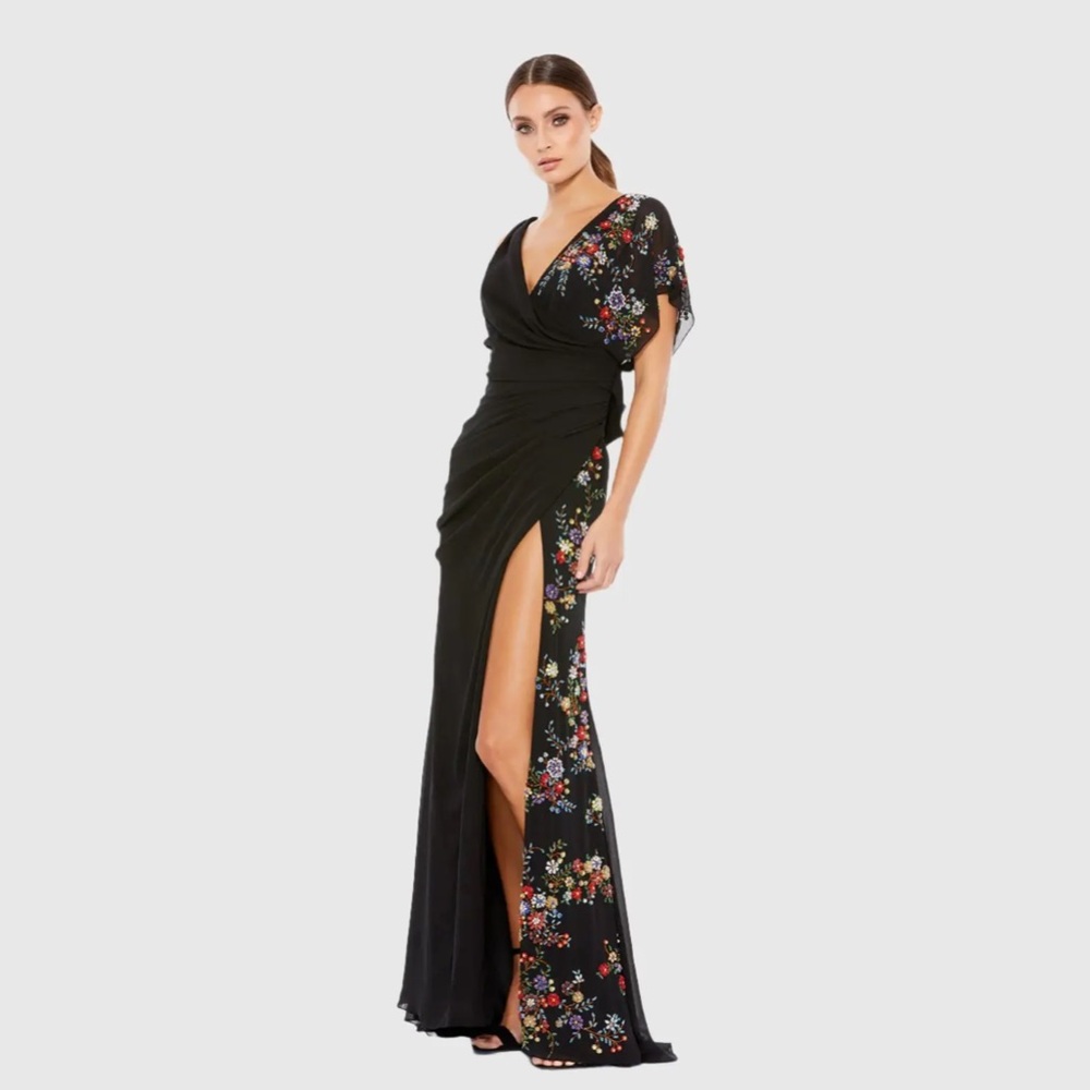 Mac Duggal 26530 Black Faux Wrap Multi Colored Beaded Floral Gown sz 4